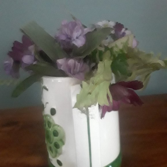 Vintage Ceramic Watering Can Planter with Raised Floral Motif and Silk Flowers - Picture 4 of 6